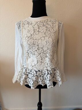 EUC SEE BY CHLOE White Lace-Front Peplum Long-Sleeve Top SIZE XS